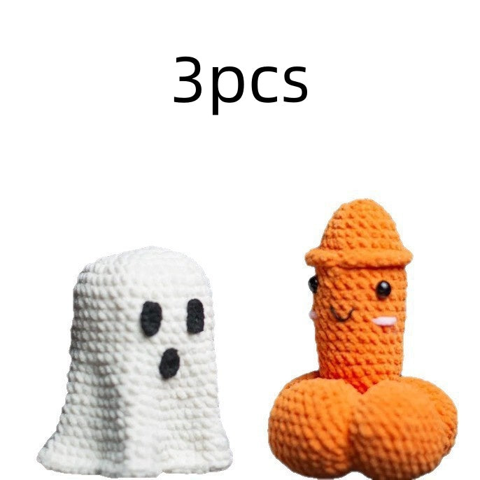 Crochet Halloween ghost and cheeky orange pumpkin novelty decorations displayed on a white background with 3pcs label.
